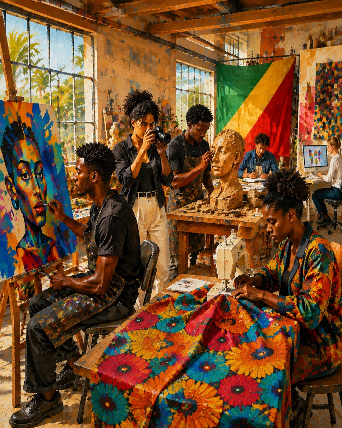 Illustration : un atelier où un peintre, une photographe, un sculpteur et une styliste travaillent sous le drapeau du Congo